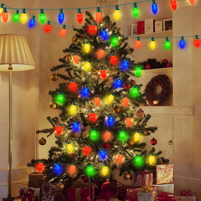 Xmas Decorations - 25Ft Multicolor C9 LED Christmas Lights Outdoor Waterproof, Plug in LED C9 Christmas Lights for House Tree Mantel Yard Indoor Outdoor Xmas Decor, 35 Shatterproof Bulbs, 0.6W