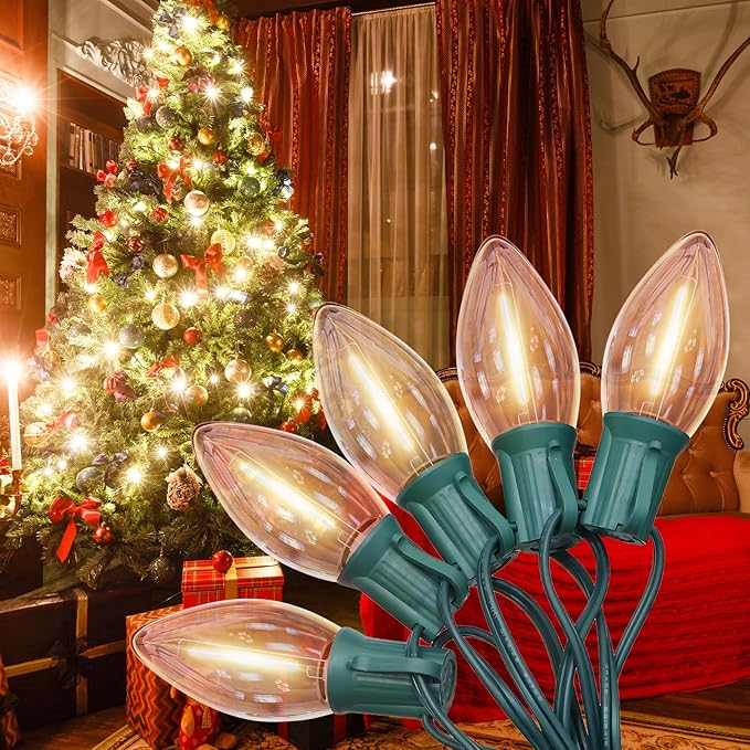 C9 LED Christmas Lights Outdoor, 25FT Green Wire, Warm White Vintage Patio Hanging Lights, Waterproof for Porch, Xmas Tree, Holiday Party Décor