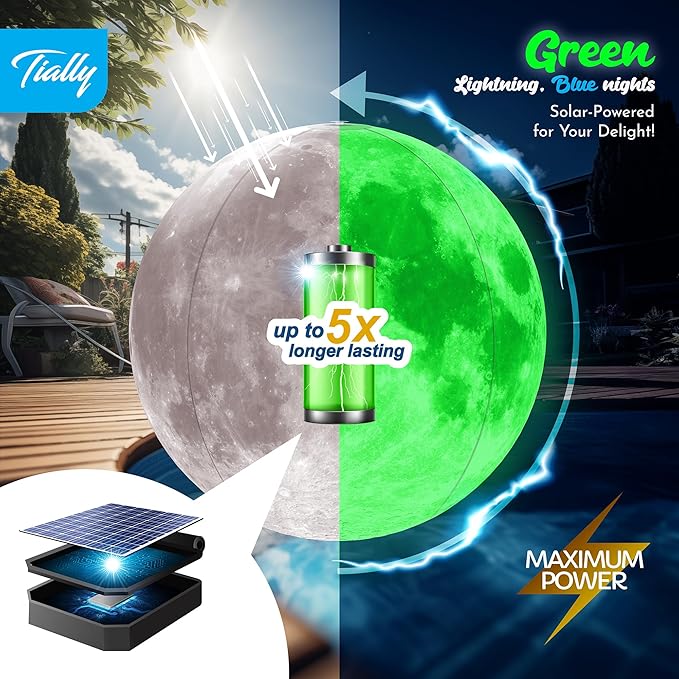 TIALLY Floating Pool Lights Solar Powered - 16" Full Moon Inflatable Light Up Pool Balls, Solar Globes That Float for Outdoor Decor, Glow in The Dark Party Decorations - Great Holiday Gifts (2 Pack)
