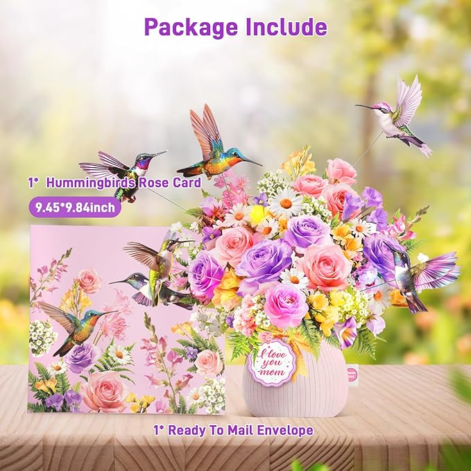 Mothers Day Card with Music & Lights, 3D Pop Up Mothers Day Gift, Hummingbird, 10 Inch Life Sized Forever Flower Bouquet Birthday Card For Mom, Women, Wife