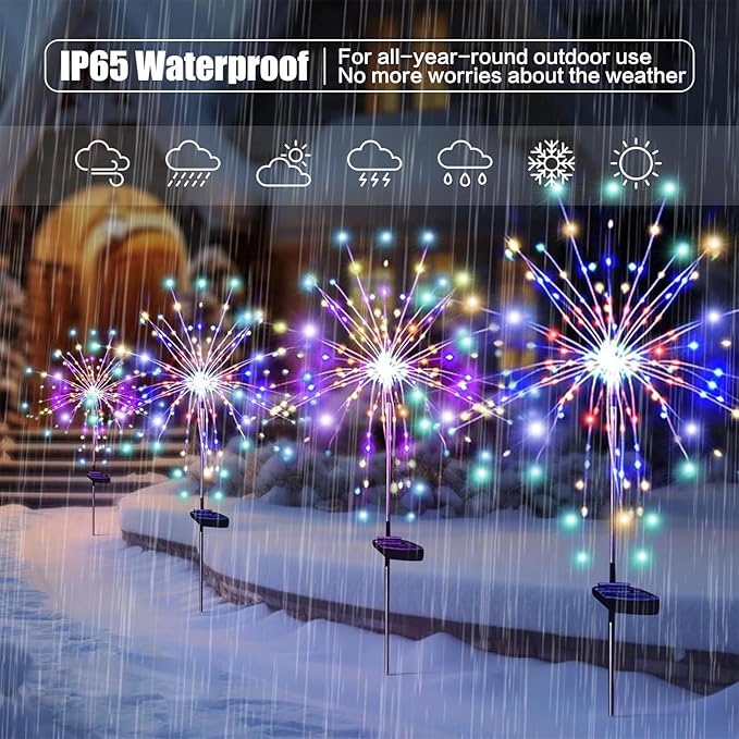 Outdoor Solar Garden Lights, 120 LEDs 8 Lighting Modes Waterproof Solar Fireworks Light Sparklers for Patio Walkway Yard Courtyards Pathway Christmas Party Decorations, Colorful(4 Pack)