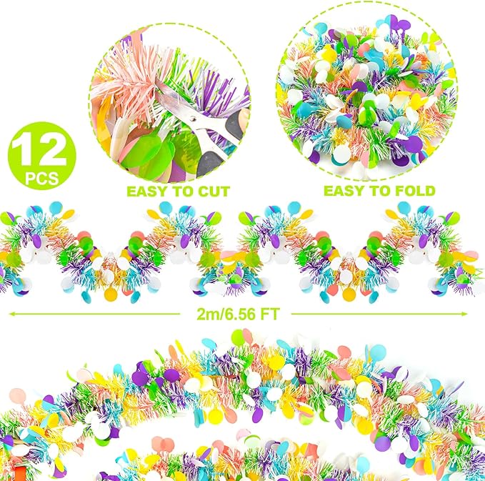 12 PCS Easter Tinsel Garland, 78.8 ft Egg Tinsel Garlands Colorful Fringe Easter Hanging Garland Decorations for for Easter Party Wedding New Years Home Indoor Outdoor Decor