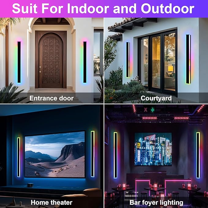 Outdoor Modern Wall Lights for Porch,2 Pack RGB Long Outdoor LED Wall Lights,48 inch Long Linear Outside Light Fixture,Dimmable Long Outside Wall Light for House,Enterway,Garage with Control Remote