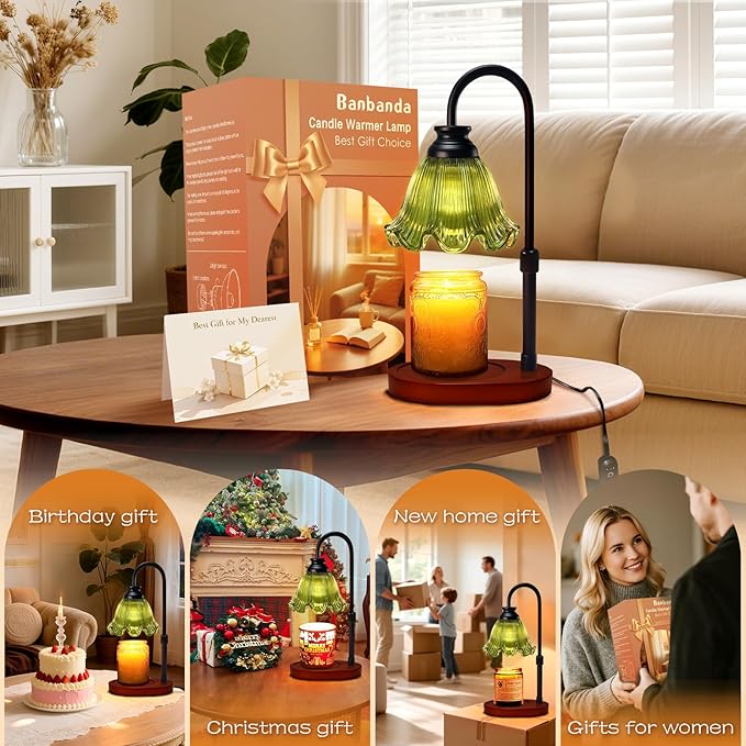 Candle Warmer Lamp with Timer: Birthday Gifts for Women, House Warming Gifts New Home Decor – Height Adjustable Candle Lamp for Mom, Anniversary - Walnut Solid Wood Base, with 2 Bulbs