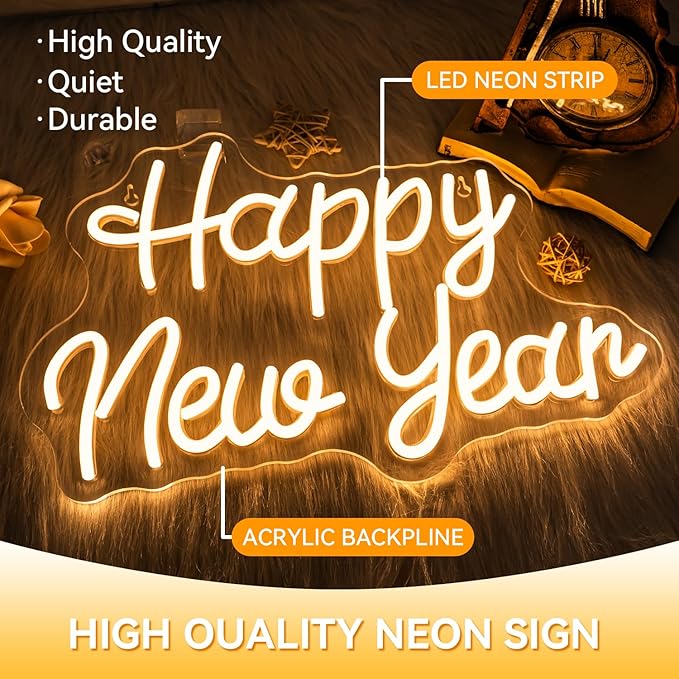 Ineonlife Happy New Year Neon Sign Dimmable Neon Signs For Wall Decor Led Lights For Bar Man Cave Club New Year Party Bedroom Hoom Showcase Shop Decor Gifts USB Powered 16.54x10.83in