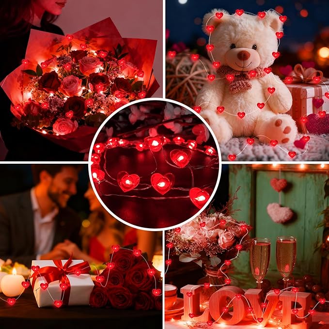 AIKEI 2 Pack Valentines LED Fairy Lights Battery Operated, Red Heart String Lights Waterproof 7 Feet 20 Led Firefly Starry Lighting for Wedding Party Bedroom Table Valentine's Day Decoration