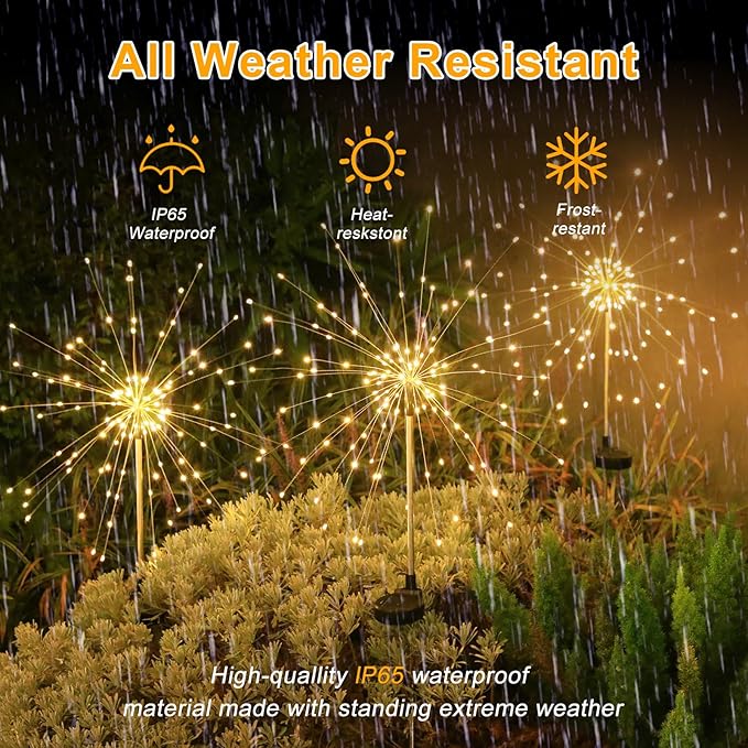 Solar Garden Firework Lights Outdoor Waterproof, 6 Pack Solar Lighting with 8 Lighting Modes, 120 LED Sparklers String Lights for Outside Decor Yard Pathway Decorations(Warm)