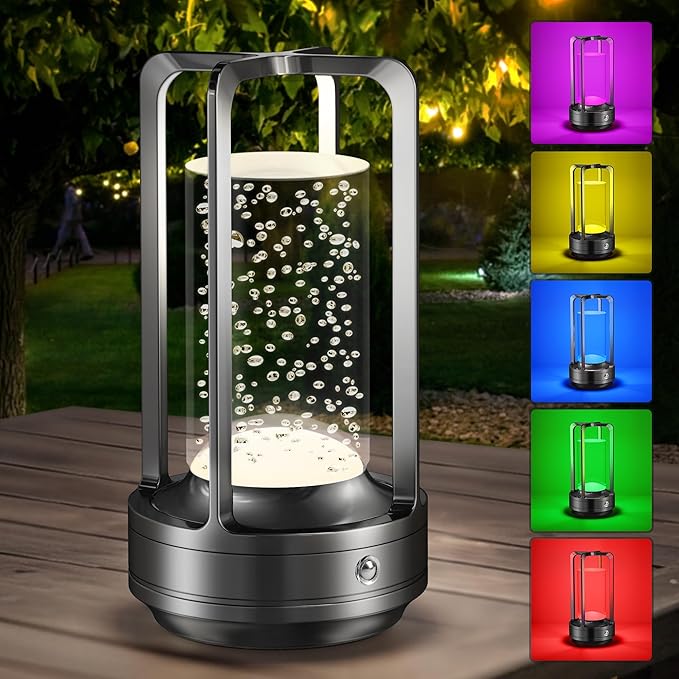 Portable Table Lamp for Outdoor Indoor: Cordless Rechargeable Desk Lamp with 3 Color Stepless Dimmable - Metal Battery Operated Lantern Light for Bedroom/Bar/Coffee Shop/Camping (Black Bubble+RGB)
