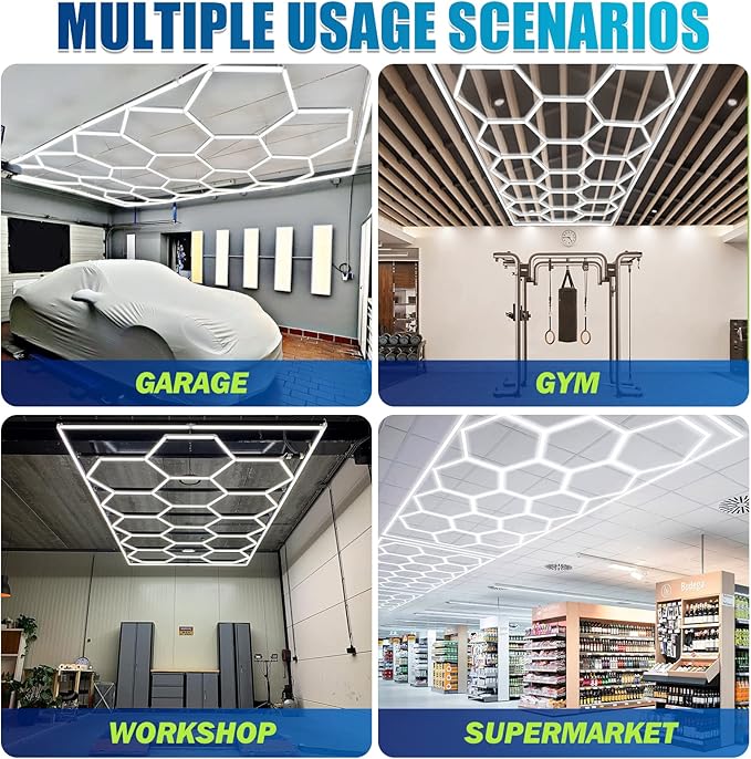 GOSLARLIT Hexagon LED Garage Lights,6500K Dimmable,Adjustable Brightness,Hexagon Gym Lights for Garage/Car Wash(15.88fts x 7.98fts)
