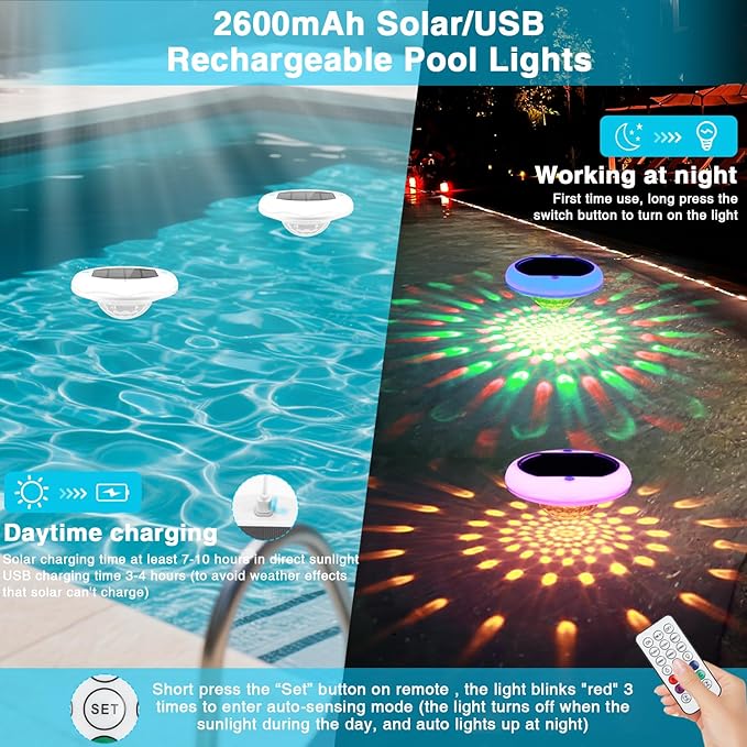 Solar Floating Pool Lights(2 Pack), Rechargeable Pool Lights that Float with Remote, 6.7'' 2600mAh IP68 Waterproof Floating Light 13 Colors Upper and Lower Glow Solar Light for Pools
