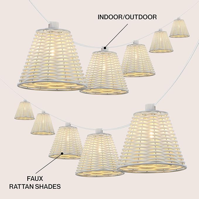 JONATHAN Y JYL8706B Payton 10-Light Indoor/Outdoor 10 ft. Classic Cottage LED G40 Faux-Rattan Shaded String Lights Coastal, Traditional, Farmhouse, Rustic, Patio, Porch, Backyard, White