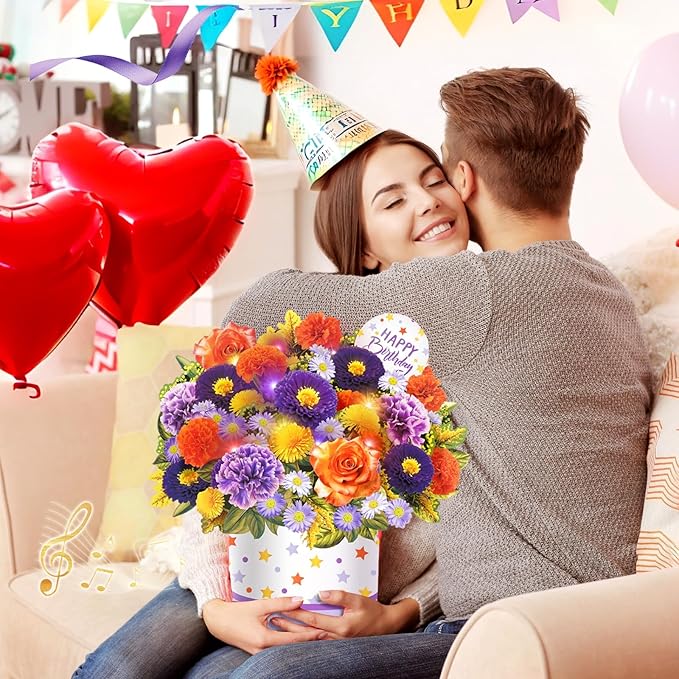Birthday Cards, Happy Birthday Cards with Music & Lights, Daisy and Yellow Rose, 10 Inch Life Sized Forever Flower Bouquet Greeting Card Gifts for Wife Women Mom Grandma Sister