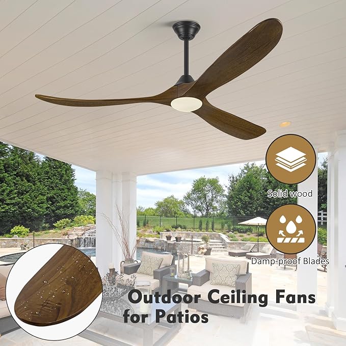 60 Inch Indoor Outdoor Ceiling Fan with Light and Remote, 3 Brown Wood Propeller Blades, Quiet Reversible Energy Efficient DC Motor, Damp Rated for Patio Porch Gazebo Bedroom, Rustic Farmhouse