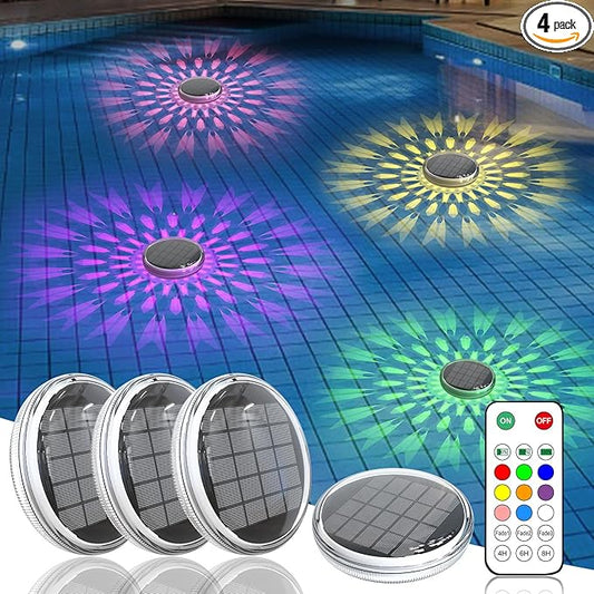 Solar Rechargeable Floating Pool Lights(4 Pack), Pool Lights That Float with Remote Control, 9 Lighting, Timing Mode, IPX7 Waterproof for Inground Pool, Bathroom, Bathtub, Pool Party