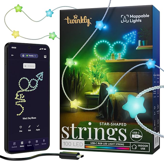 Twinkly Candies App-Controlled Star-Shaped USB-C LED Light String with 100 RGB (16 Mil. Colors) 6 M/19.7 FT. Clear Wire. USB-C Adapter Not Included
