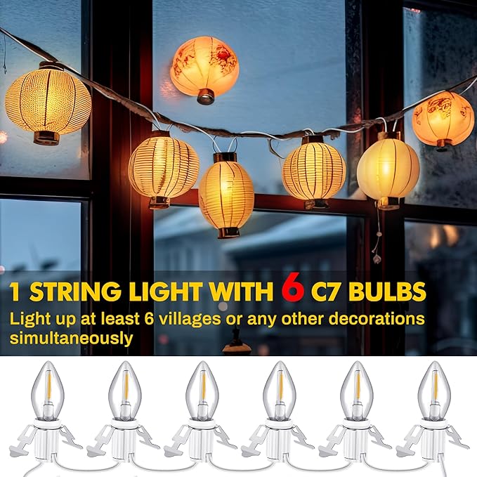 Meonum Christmas Village Lights with 6 LED Light Bulbs, 15 Feet Accessory Cord with C7 Lamp, Rotary On/Off, Female/Male Plugs, Spare Fuses, Blow Mold Light for Village House Craft Decorations(3 Pack)
