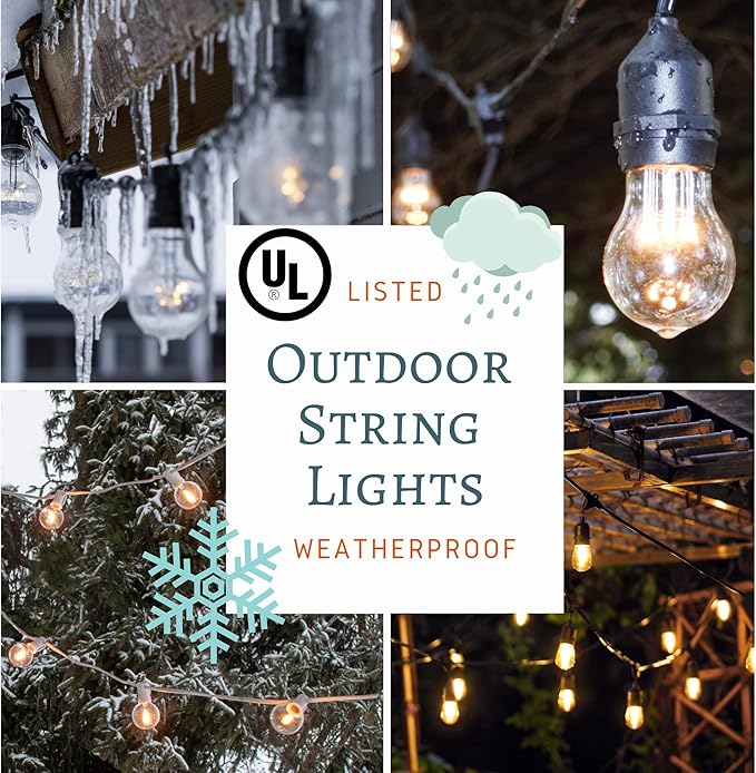 Hometown Evolution, Inc. 24 Foot E26 Outdoor Commercial String Lights with Suspended Socket for Weatherproof Heavy Duty Vintage Outside Lighting - Set of 12 A15 Clear Bulbs