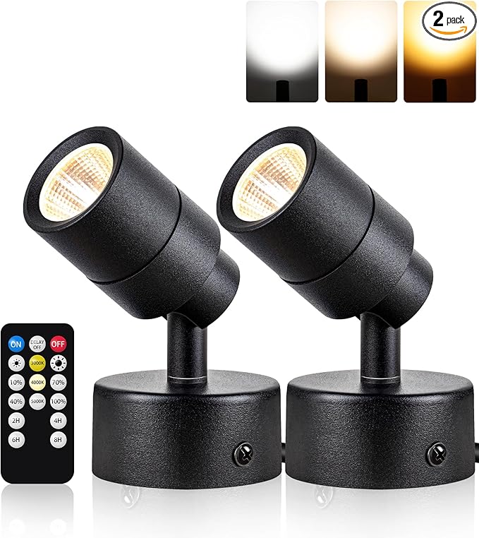 SUNVIE 2 Pack LED Dimmable Up Lights 3W Floor Spotlight with Timer and Remote 3000K/4000K/5000K Uplighting Spotlight 120V Uplights for Plants Artworks, 5.9 FT Plug Cord