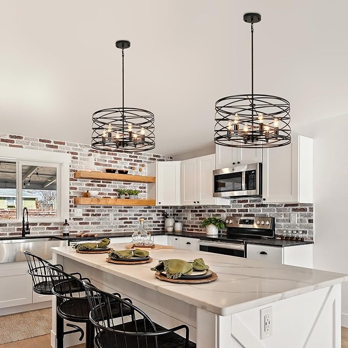 WILON 6-Light Pendant Lights Kitchen Island,19.68'' Spiral Cage Pendant Lights,Adjustable Black Industrial Pendant Light Fixtures Retro Lighting for Kitchen Island, Living Room, Bedroom