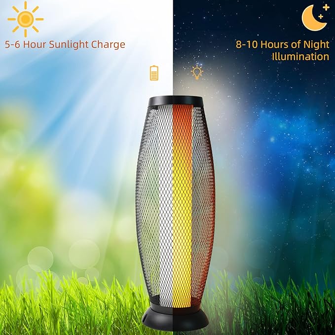 Solar Yard Solar Outdoor Floor Lamp, Metal Wire Shade, LED Modern Outdoor Flickering Lantern, Weather Resistant for Balcony, Porch, Garden, Pathway, Black