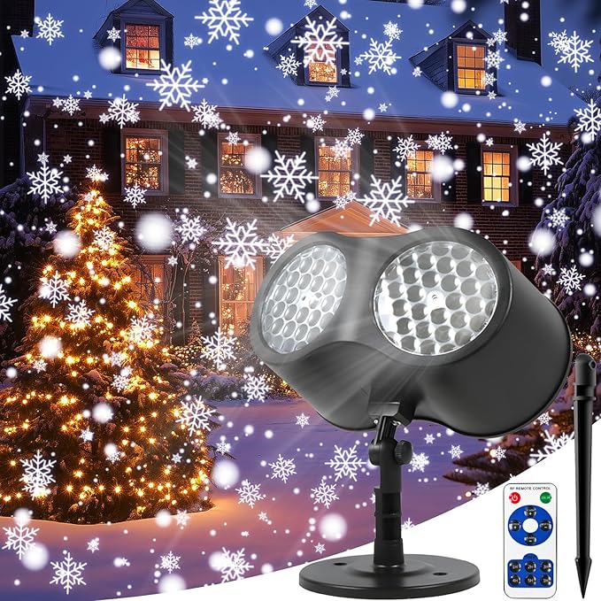 Christmas Snowflake Projector Lights Outdoor, Rotating Double Head Snowflake Light, Waterproof Snowfall LED Lights, Snow Lamp for Indoor Outdoor Christmas Party Garden Decorations (White Snow)