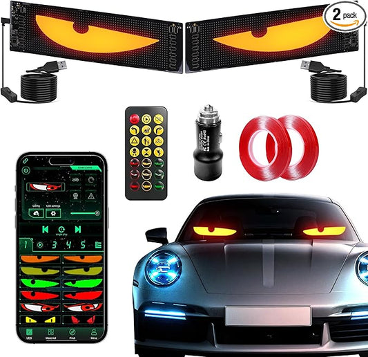 Devil's Eye 2pcs:14"x4.3" Programmable ojos led para carro Windshield Display for Sedans, SUVs & Medium Trucks - USB-Powered LED Matrix Panel