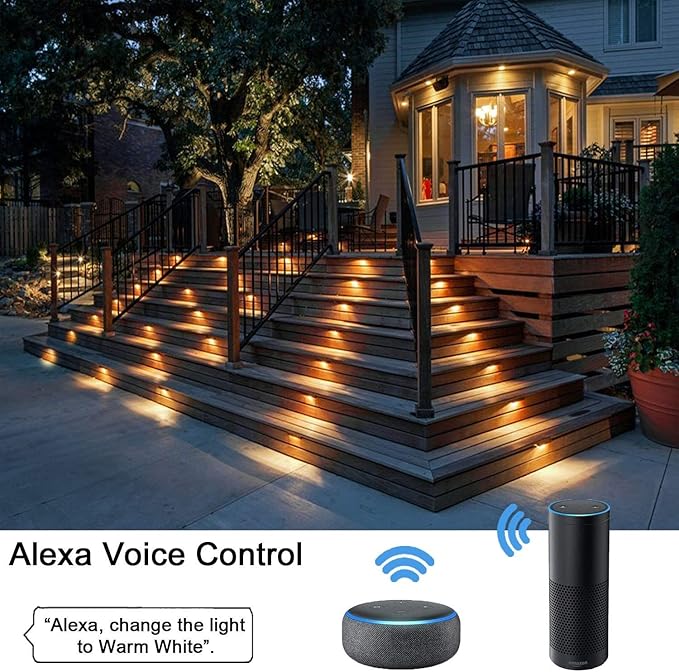 Smart LED Deck Lights Kit WiFi Controlled Color Changeable,Φ1.38“Outdoor IP67 Waterproof Low Voltage Step Lights In-Ground Lighting,Works with Samrt Phone,Alexa, Google Home(Black Border,20pack)