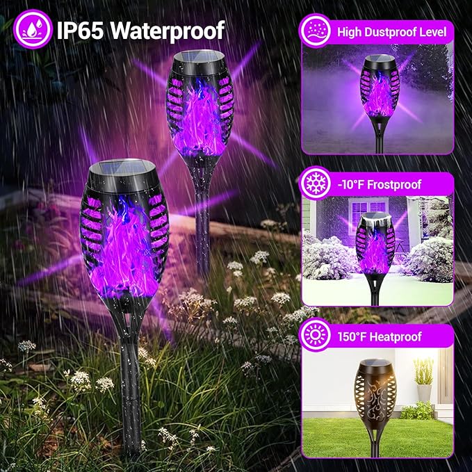 Solar Lights Outdoor, Upgraded 10 Pack Purple Solar Torch Lights Outdoor Flickering Flame for Garden Decor, Waterproof Outdoor Lights Solar Powered, Tiki Torches for Outside Yard Pathway Decor