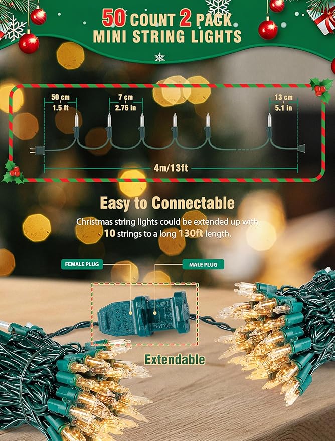 Hopolon Clear Christmas Lights Set 2 Pack 50 Count 13 Feet Incandescent Bulb Green Wire Mini String Lights for Indoor Outdoor Christmas Tree Garland Birthday Wedding Festival Decoration, Warm White