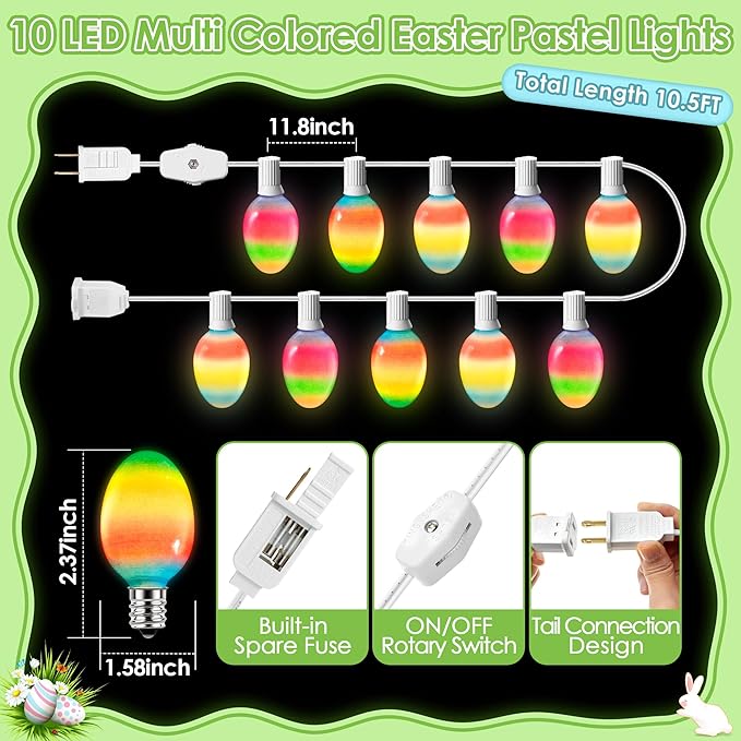 Enhon 1 Pack Easter Egg String Lights, 10.5FT Multi-Color Pastel LED Egg Lights, End-to-End Connectable String Light for Indoor & Outdoor Easter Party, Fireplace, Mantel, Entrance Decor