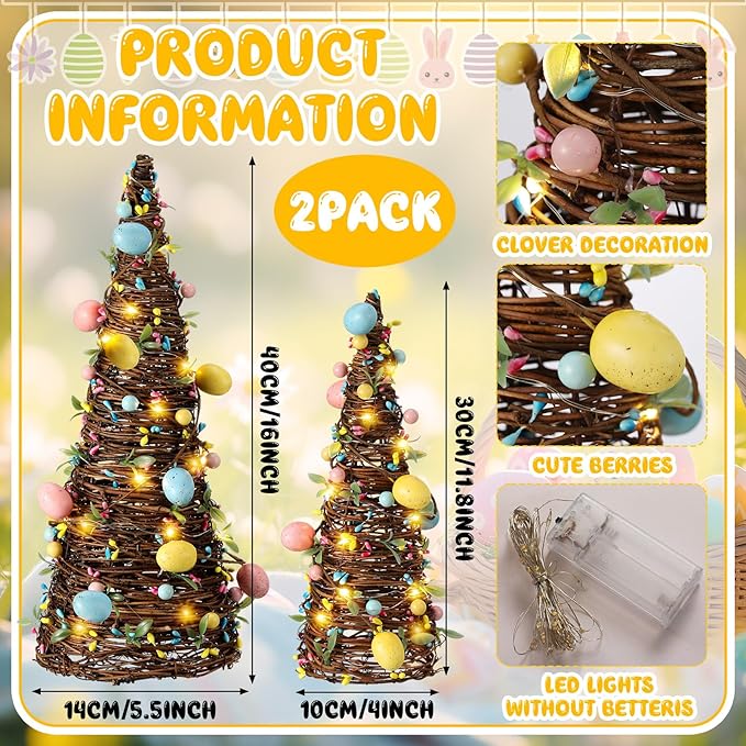 Soulchen 2 Pcs Easter Rattan Cone Tree Decoration Artificial Table Tree with Pastel Berries LED Lights for Easter Porch Kitchen Mantle Table Decor Spring Centerpiece Decorations