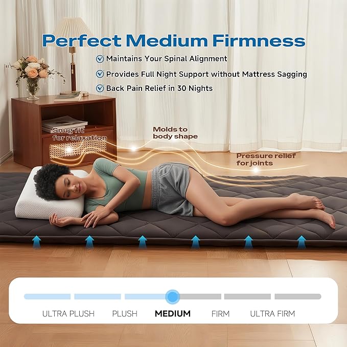 Aircliff Japanese Floor Mattress Futon - Foldable Tatami Mat Mattress, High Density Foam Sleeping Pad, Shikibuton, Designed in Japan, Roll-Up Floor Bed for Dorm, Lounger, or Guest (Grey, Twin)