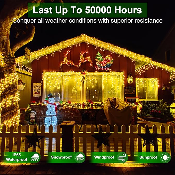 1620 LED 164ft Christmas Icicle Lights Outdoor,8 Modes Fairy Curtain Icicle String Lights with 360 Drops, Twinkly Lights Plug in Timerr Memory for Outdoor Holiday Wedding Party (Warm White)