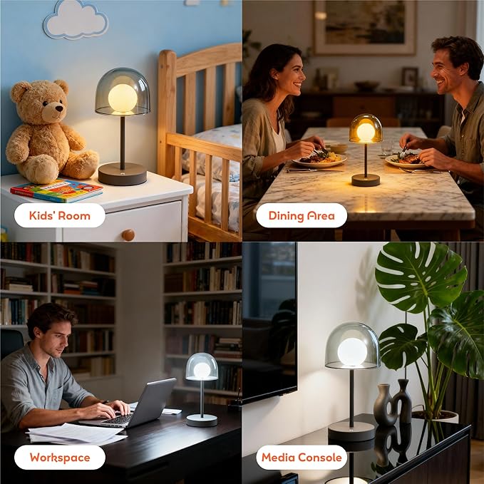 Rechargeable Mushroom Lamp, Small Cordless Table Lamp with Stepless Dimmable, Portable Modern Lamp IP44 Touch Control for Bedroom Living Room Bathroom Balcony, 7.7" W x 10.6" H (Smoky Grey)