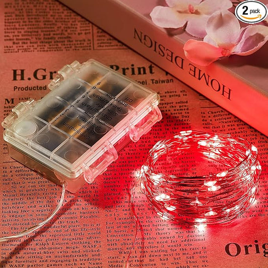 2 Pack 65.6 Ft. Battery Operated Outdoor String Lights with Remote & Timer, LED Red Fairy Lights, Waterproof Twinkle Lights for Bedroom, Dorm, Mason Jar, Wedding, Party, Christmas