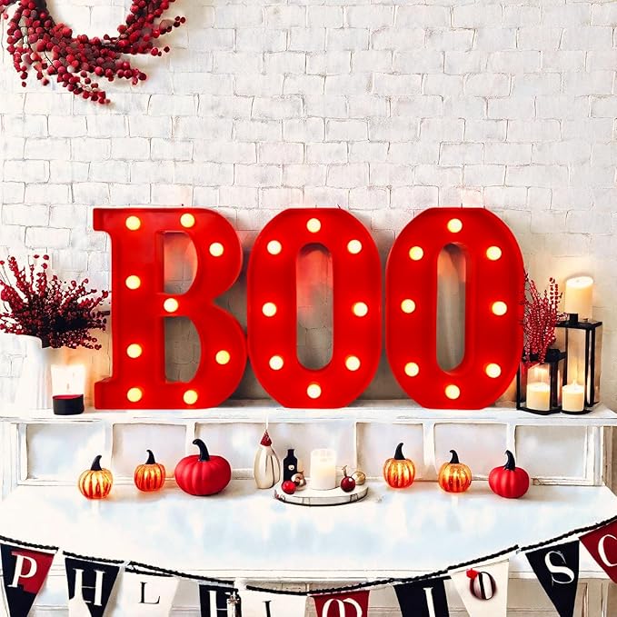 Halloween Decorations, "BOO" Light Up Sign, LED Marquee Light Up Letters, Halloween Decor Indoor for Kitchen, Bedroom, Party, Tabletop