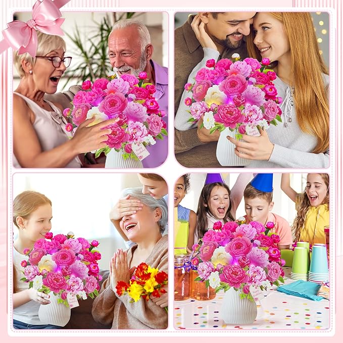 Birthday Cards with MUSIC & LIGHTS, Pop Up Happy Birthday Cards, Pink Penoy, 10 Inch Life Sized Forever Flower Bouquet Greeting Card Gifts for Women Mom Grandma