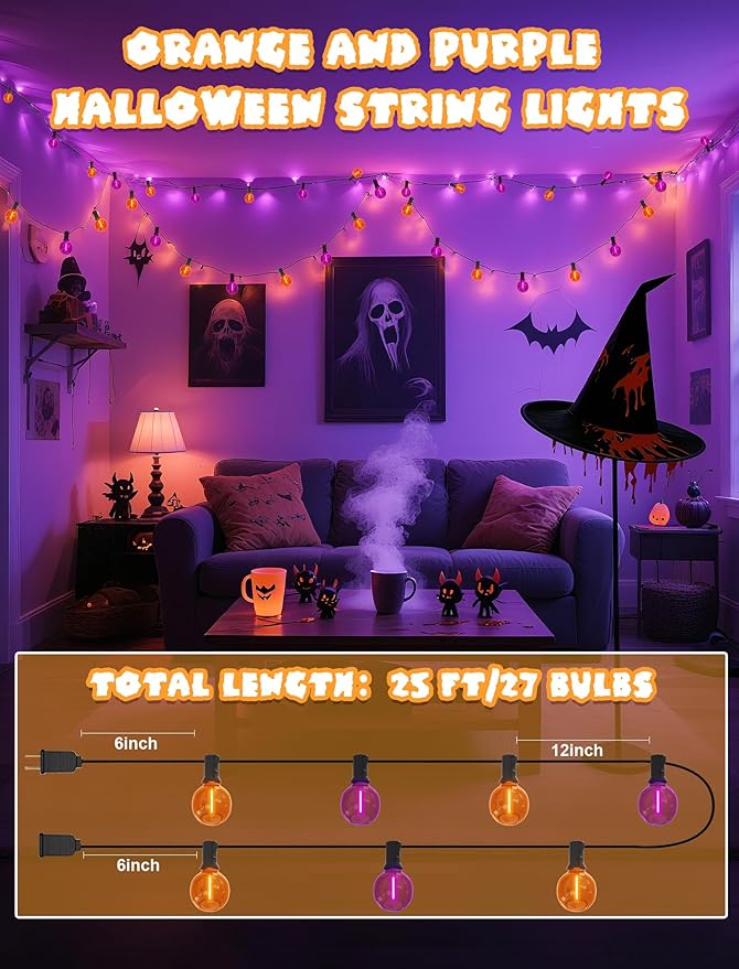 Purple and Orange Halloween Lights,25FT 27 LED G40 Globe String Lights,Waterproof Halloween Decorations for Outdoor Indoor Haunted Patio Home Party Garden Yard Decor
