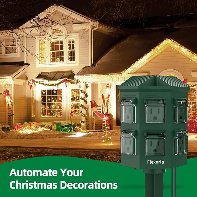 Flexora Outdoor Power Strip with 24-Hour Mechanical Timer, 25 FT Extension Cord Waterproof, 6 Grounded Outlets for Outdoor Christmas Decorations, ETL Listed (25 FT)