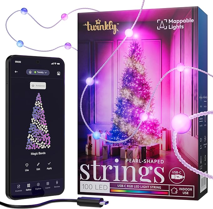 Twinkly Strings USB-C Pearls 100 LED, Pearl-Shaped LED Light String, RGB Multicolor LED Lights, Valentine's Day Lights, Compatible with Alexa, Google Home, USB-C Power, Transparent Wire, 19.7ft