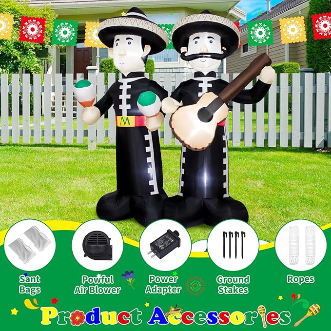 6FT Cinco de Mayo Inflatable Mariachi with LED Lights - Outdoor/Indoor Blow Up Decor for Mexican Fiesta, Halloween, Holiday Parties - Giant Festive Decoration