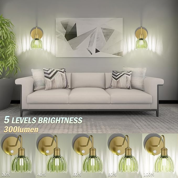 2 Pack Battery Powered Wall Sconce with Green Tulip Glass Lampshade, Rechargeable Dimmable LED Wall Sconce for Living Room, Hallway, Bedroom, Dining Room