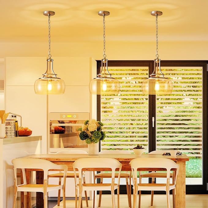 WUZUPS Chandelier Rustic Farmhouse Industrial Round Ceiling Pendant LED Light Fixture Clear Seeded Glass Shade for Dining Room Kitchen Island Foyer Entryway, H 17" x W 13.4", E26 Base, Brushed Nickel