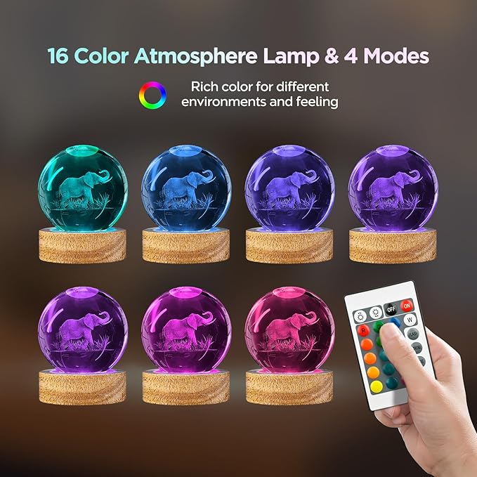 3D Elephant Crystal Ball Night Light Elephant Gifts for Women, 60mm Elephant Figurine Glass Lamp with 16 Colors and Remote Unique Elephant Room Decor Birthday Christmas Gifts for Boys Girls Teen