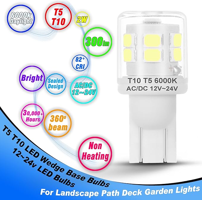 T5 T10 Wedge Base 921 194 LED Light Bulb AC/DC12-24V 6000K Daylight White 300lm 3W Equivalent 25W 30W Incandecent Bulbs for Car RV Camper Landscape Patio Driveway Malibu Lighting, 12 Pack