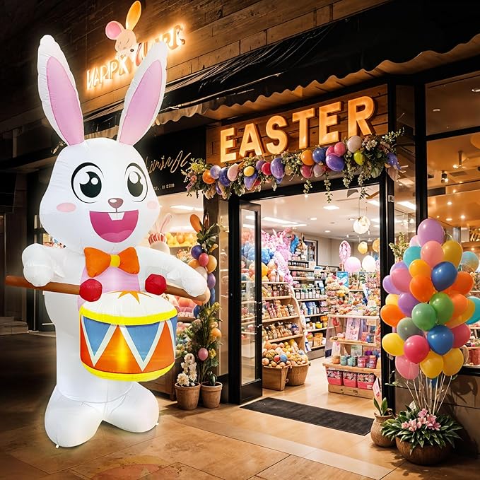 OurWarm 8FT Easter Inflatables Outdoor Decorations, Drumming Inflatable Easter Bunny Decor with Built-in LED Lights, Easter Bunny Blow up Inflatable for Outside Garden Lawn Holiday Party Yard Decor