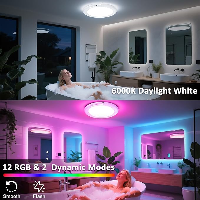 maylit Shower Lights 2 Pack, RGBW Rechargeable Ceiling Light, Waterproof Battery Operated Lamp, Wireless Stick on Inside Motion Sensor Mood LED Lighting for Bathroom No Wiring, Indoor