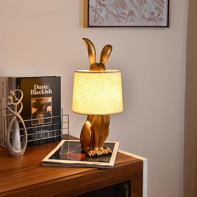 YHT Bunny Table Lamp, Cute Animal Rabbit Lamp,15.7" Vintage LED Desk Light with Linen Lampshade,Gold Main Part Beside Lamp for Bedroom, Study Room, Office, Nursery, Home Decor (Linen)