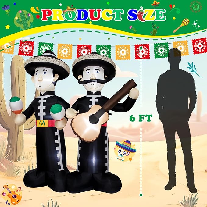 6FT Cinco de Mayo Inflatable Mariachi with LED Lights - Outdoor/Indoor Blow Up Decor for Mexican Fiesta, Halloween, Holiday Parties - Giant Festive Decoration