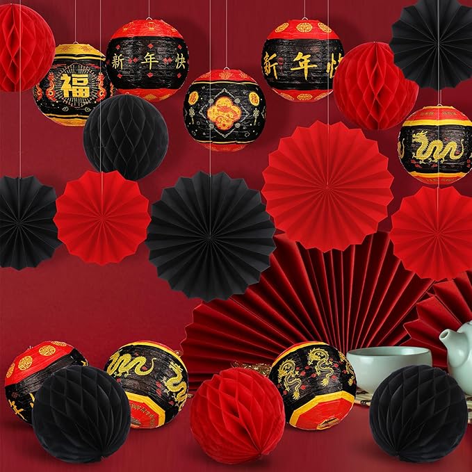 Retisee 18 Pcs 2026 Chinese Lunar New Year Decorations Lunar New Year Paper Lanterns Hanging Paper Fans Red and Black Honeycomb Balls Chinese Lanterns Asian Decor for Spring Festival Celebration